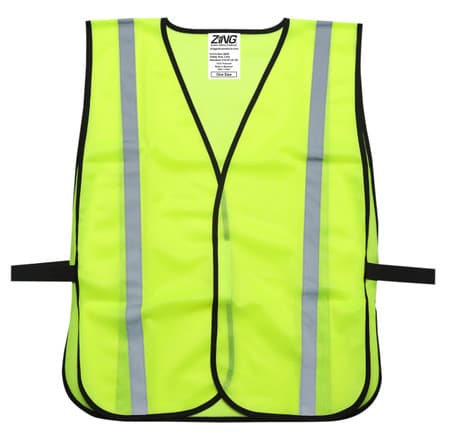 Front view of a lime high visibility mesh safety vest with two vertical reflective stripes, black trim, a hook and loop front closure, and elastic side straps.
