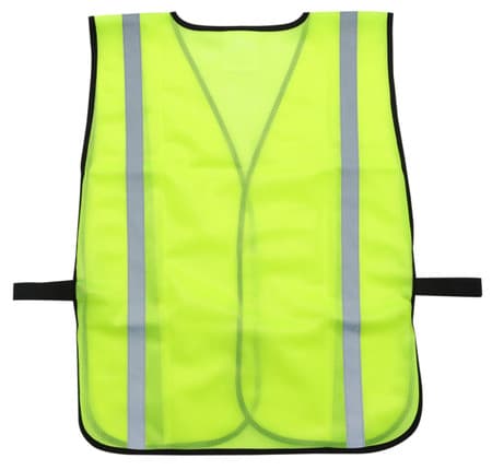 Back view of a lime high visibility mesh safety vest with two vertical reflective stripes, black trim, and elastic side straps for an adjustable fit.