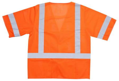 Zing Green high visibility orange mesh safety vest back view with reflective striping