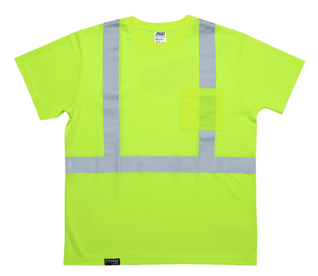 High visibility lime short sleeve safety shirt with chest pocket and silver reflective striping front view