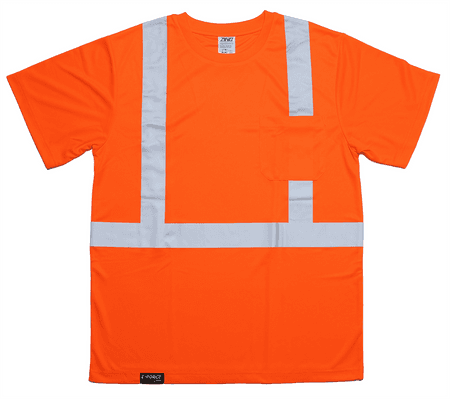 High visibility orange short sleeve safety shirt with silver reflective striping Front view