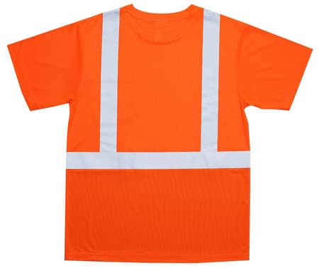 High visibility orange safety shirt front view with chest pocket reflective striping and black lower panel