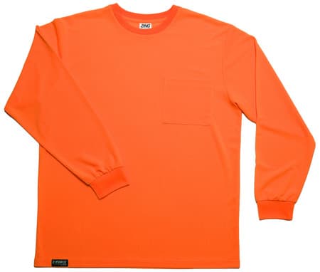 High visibility orange long sleeve shirt front view with left chest pocket made from recycled bird's-eye mesh