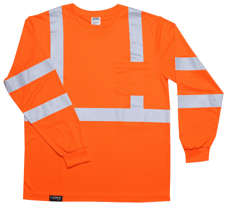 ANSI long sleeve high visibility shirt front view in orange with chest pocket and silver reflective striping
