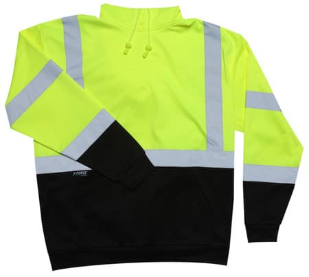 Front view of lime long sleeve high-visibility safety shirt with chest pocket, black lower panel, and silver reflective striping