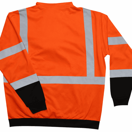 Back view of orange long sleeve high-visibility safety shirt with silver reflective striping and black sleeve cuffs