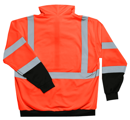 Back view of orange high-visibility full-zip hoodie with silver reflective striping and black cuffs and waistband