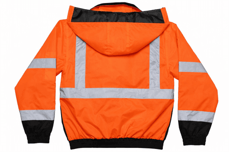 Back view of high-visibility orange insulated bomber jacket with silver reflective tape, concealed hood, and black elastic waistband