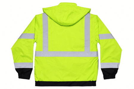 High-visibility safety lime jacket back with silver reflective tape, hood, and black lower hem