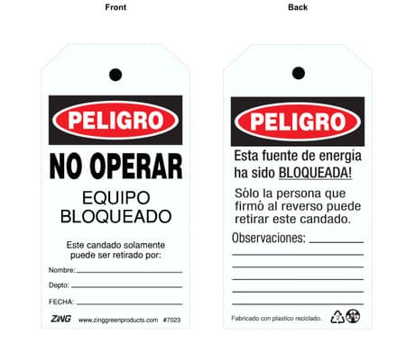 Lockout Tag, Spanish: NO OPERAR Equipo Bloqueado, 5.75Hx3W, 10 Pack - 7023