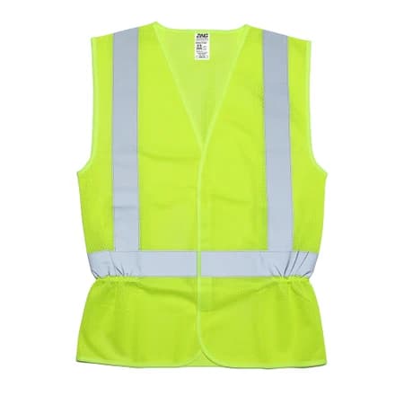 Front view of ZING V-200W women’s high-visibility lime safety vest with reflective stripes and cinched waist