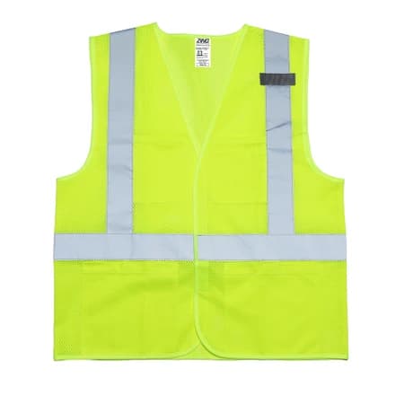 Front view of ZING V-204BIO high-visibility lime safety vest with silver reflective stripes and multiple pockets