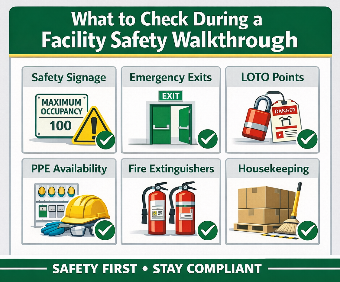 Facility safety self-check checklist showing signage, emergency exits, lockout tagout points, PPE availability, fire extinguishers, and housekeeping areas
