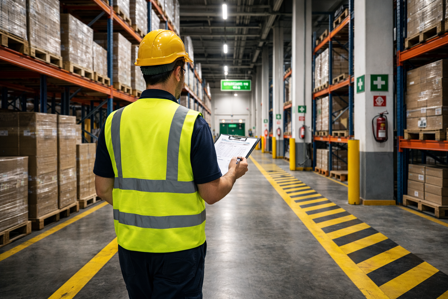 Safety supervisor conducting a facility walkthrough with a checklist in a warehouse environment